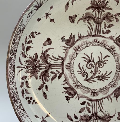 fig 3. Beautiful 18th-Century Dutch Delft Manganese Floral & Duck Painted Charger Plate