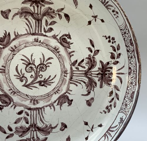 fig 4. Beautiful 18th-Century Dutch Delft Manganese Floral & Duck Painted Charger Plate