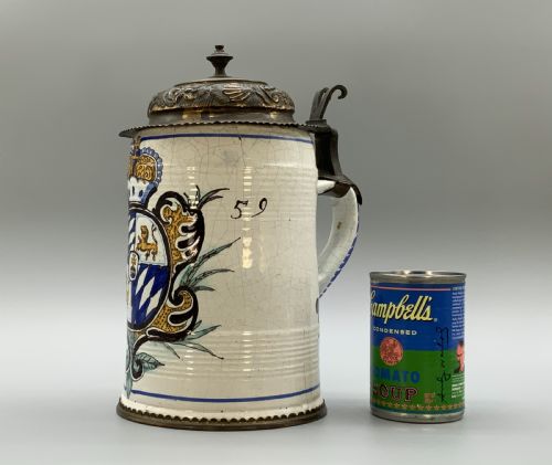 LARGE 19THCENTURY GERMAN DELFT FAIENCE POLYCHROME BEER ALE STEIN TANKARD JUG - ADDITIONAL PHOTO 1