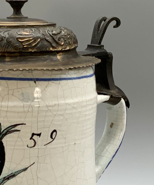 LARGE 19THCENTURY GERMAN DELFT FAIENCE POLYCHROME BEER ALE STEIN TANKARD JUG - ADDITIONAL PHOTO 9