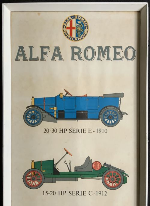 fig 2. A long vertical glazed poster displaying six illustrated historical Alfa Romeo motor cars arranged chronologically from 1910 to 1950 on a cream paper background inside a white frame.