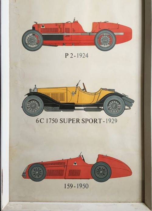 fig 3. A long vertical glazed poster displaying six illustrated historical Alfa Romeo motor cars arranged chronologically from 1910 to 1950 on a cream paper background inside a white frame.