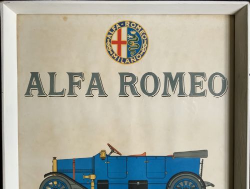 fig 5. A long vertical glazed poster displaying six illustrated historical Alfa Romeo motor cars arranged chronologically from 1910 to 1950 on a cream paper background inside a white frame.