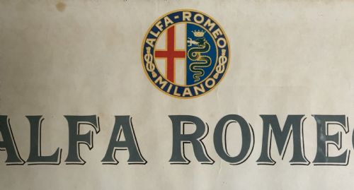 fig 6. A long vertical glazed poster displaying six illustrated historical Alfa Romeo motor cars arranged chronologically from 1910 to 1950 on a cream paper background inside a white frame.