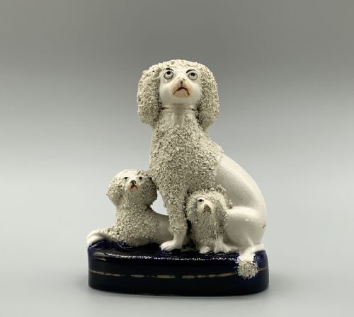 Circa 1910 Antique Staffordshire Pottery Poodle Family Figurine Statue
