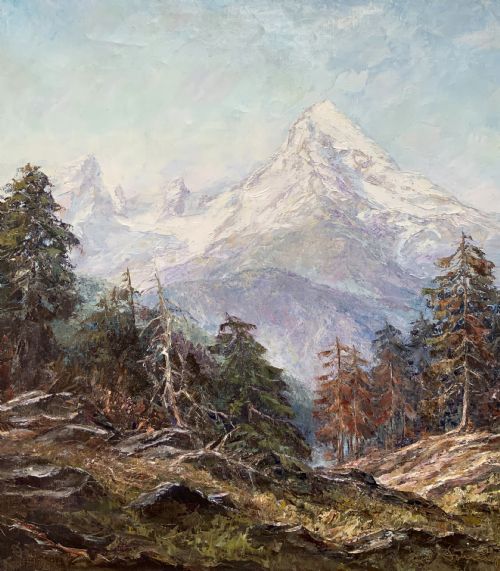 fig 1. Large Superb Alpine Mountainous Forest Oil Painting - Signed