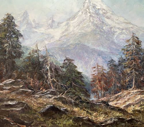 fig 3. Large Superb Alpine Mountainous Forest Oil Painting - Signed