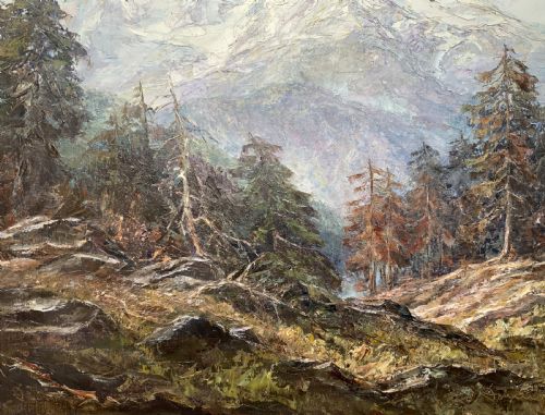 fig 4. Large Superb Alpine Mountainous Forest Oil Painting - Signed