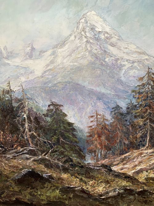 fig 5. Large Superb Alpine Mountainous Forest Oil Painting - Signed