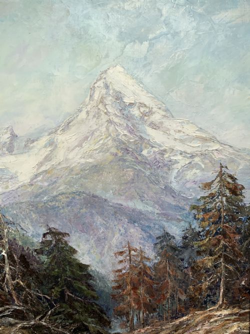 fig 7. Large Superb Alpine Mountainous Forest Oil Painting - Signed