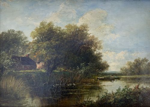 fig 1. Att: Abraham Hulk Junior (British, 1851-1922) Duck Pond Riverscape Oil Painting
