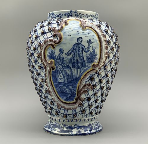 LARGE SUPERB 19THC DUTCH STYLE FRENCH FAIENCE DELFT MANGANESE BLUE WHITE VASE - ADDITIONAL PHOTO 1