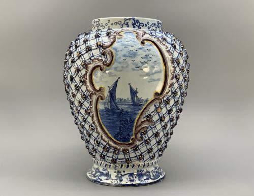LARGE SUPERB 19THC DUTCH STYLE FRENCH FAIENCE DELFT MANGANESE BLUE WHITE VASE - ADDITIONAL PHOTO 2