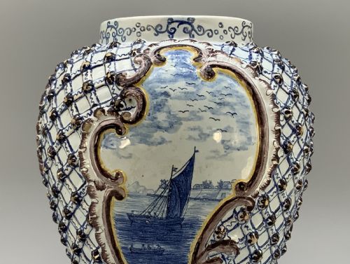 LARGE SUPERB 19THC DUTCH STYLE FRENCH FAIENCE DELFT MANGANESE BLUE WHITE VASE - ADDITIONAL PHOTO 4