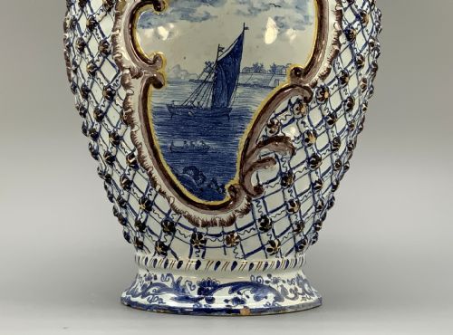 LARGE SUPERB 19THC DUTCH STYLE FRENCH FAIENCE DELFT MANGANESE BLUE WHITE VASE - ADDITIONAL PHOTO 5