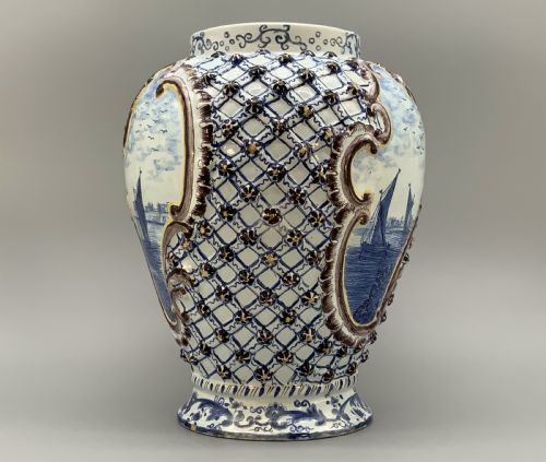 LARGE SUPERB 19THC DUTCH STYLE FRENCH FAIENCE DELFT MANGANESE BLUE WHITE VASE - ADDITIONAL PHOTO 6