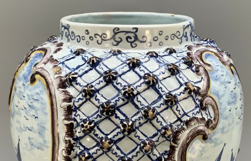 LARGE SUPERB 19THC DUTCH STYLE FRENCH FAIENCE DELFT MANGANESE BLUE WHITE VASE - ADDITIONAL PHOTO 8