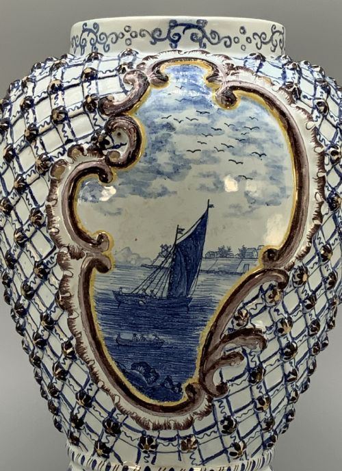 LARGE SUPERB 19THC DUTCH STYLE FRENCH FAIENCE DELFT MANGANESE BLUE WHITE VASE - ADDITIONAL PHOTO 10