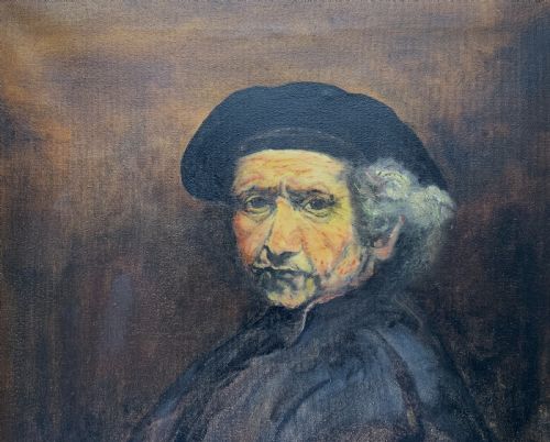fig 2. A framed oil portrait painting depicting Rembrandt van Rijn in a dark beret against a dark brown backdrop.
