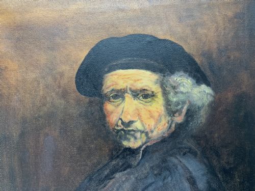 fig 4. A framed oil portrait painting depicting Rembrandt van Rijn in a dark beret against a dark brown backdrop.
