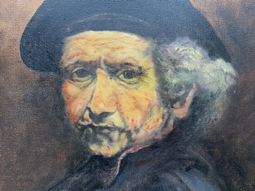 fig 6. A framed oil portrait painting depicting Rembrandt van Rijn in a dark beret against a dark brown backdrop.