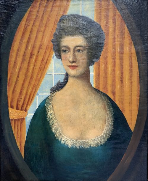 fig 1. An 18th-century European oil painting depicting a woman in a teal dress set within a feigned oval and a carved gold leaf frame.