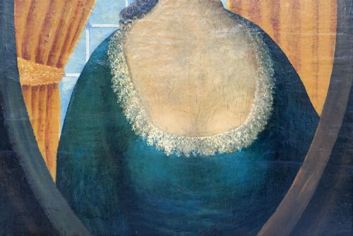 fig 5. An 18th-century European oil painting depicting a woman in a teal dress set within a feigned oval and a carved gold leaf frame.