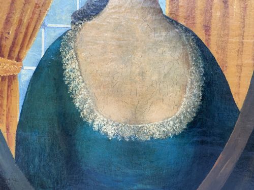 fig 6. An 18th-century European oil painting depicting a woman in a teal dress set within a feigned oval and a carved gold leaf frame.