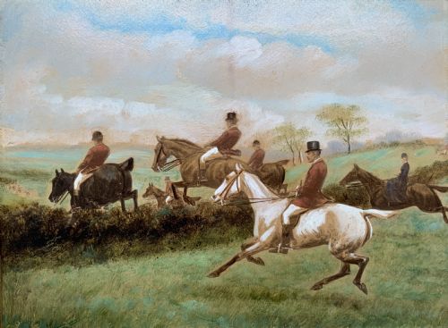 fig 1. An oil painting on board depicting horseback riders navigating a grassy field, housed in a decorative gilded frame.