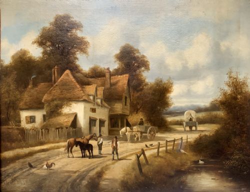 fig 1. A 19th-century oil painting depicting a rural English village with horses, figures, and cottages on a dirt road, set in a carved gilded frame.