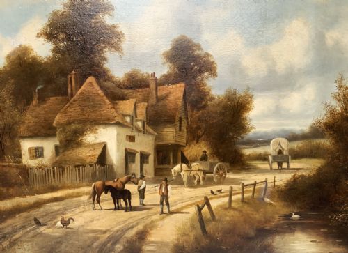 fig 2. A 19th-century oil painting depicting a rural English village with horses, figures, and cottages on a dirt road, set in a carved gilded frame.
