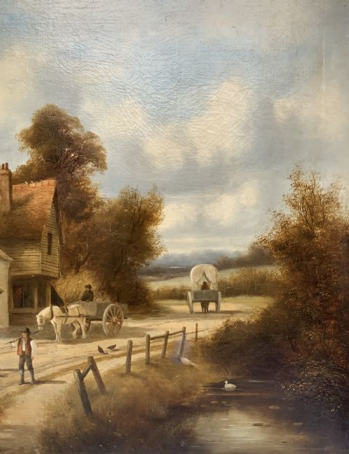 fig 3. A 19th-century oil painting depicting a rural English village with horses, figures, and cottages on a dirt road, set in a carved gilded frame.