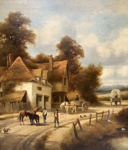 fig 4. A 19th-century oil painting depicting a rural English village with horses, figures, and cottages on a dirt road, set in a carved gilded frame.