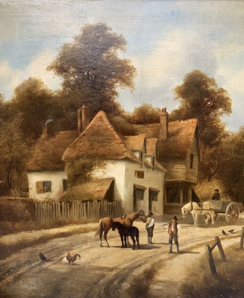fig 5. A 19th-century oil painting depicting a rural English village with horses, figures, and cottages on a dirt road, set in a carved gilded frame.
