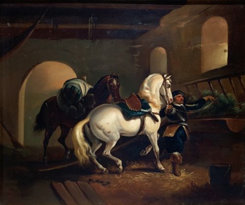 fig 1. Superb Early 19thC Flemish School Oil on Copper Panel Painting Horses & Stable