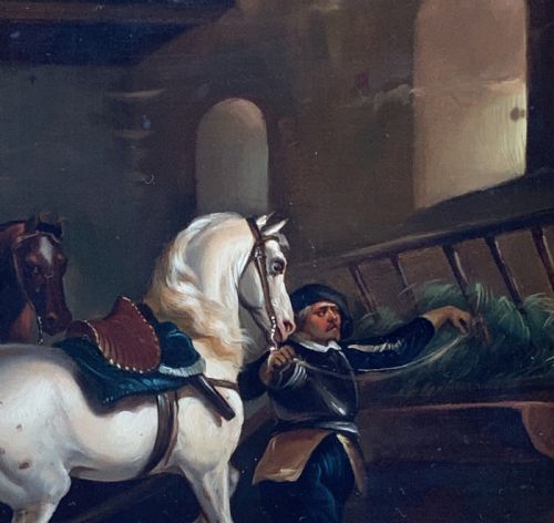fig 2. Superb Early 19thC Flemish School Oil on Copper Panel Painting Horses & Stable