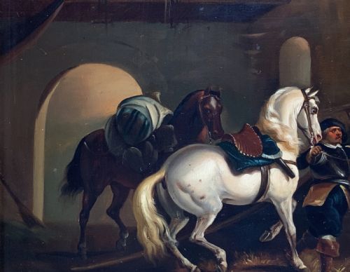 fig 4. Superb Early 19thC Flemish School Oil on Copper Panel Painting Horses & Stable