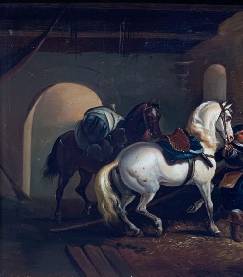 fig 5. Superb Early 19thC Flemish School Oil on Copper Panel Painting Horses & Stable
