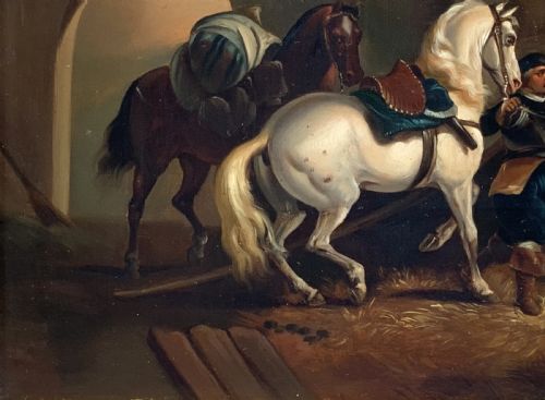 fig 6. Superb Early 19thC Flemish School Oil on Copper Panel Painting Horses & Stable