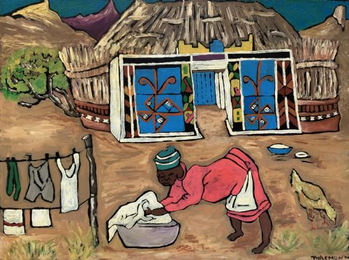 fig 1. An oil painting on board depicting a figure doing laundry outside a decorated thatched dwelling in an African village landscape.