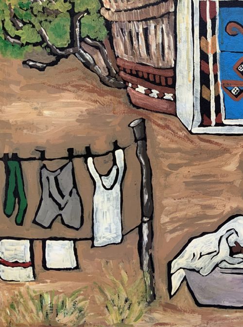 fig 3. An oil painting on board depicting a figure doing laundry outside a decorated thatched dwelling in an African village landscape.