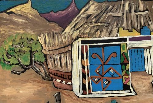 fig 4. An oil painting on board depicting a figure doing laundry outside a decorated thatched dwelling in an African village landscape.