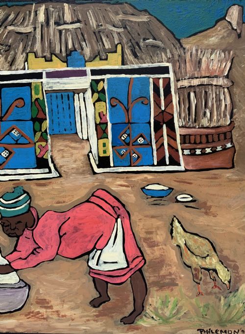 fig 5. An oil painting on board depicting a figure doing laundry outside a decorated thatched dwelling in an African village landscape.
