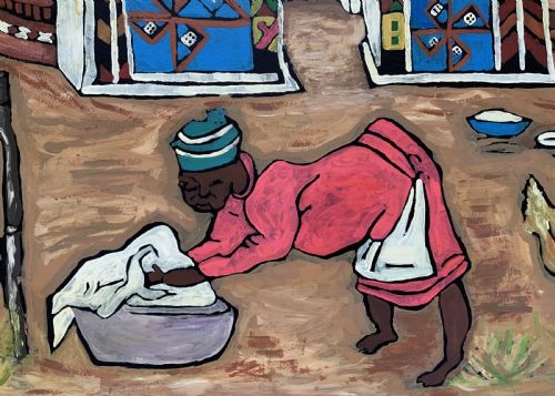 fig 6. An oil painting on board depicting a figure doing laundry outside a decorated thatched dwelling in an African village landscape.