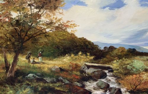 fig 2. An oil painting on canvas depicting an autumnal countryside landscape with a running stream, trees, distant hills, and a gilded ornate wooden frame with a fabric slip.