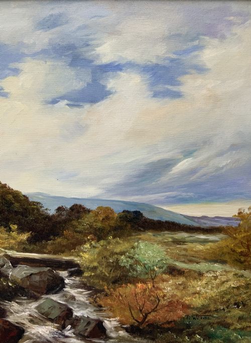 fig 3. An oil painting on canvas depicting an autumnal countryside landscape with a running stream, trees, distant hills, and a gilded ornate wooden frame with a fabric slip.