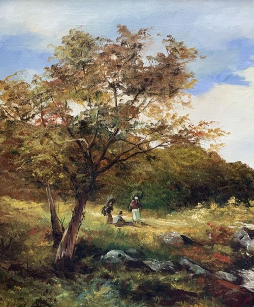 fig 5. An oil painting on canvas depicting an autumnal countryside landscape with a running stream, trees, distant hills, and a gilded ornate wooden frame with a fabric slip.