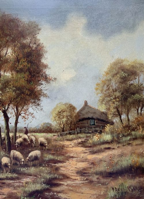 fig 3. A framed oil painting on canvas depicting a rural autumn landscape with sheep grazing along a riverbank near a cottage under a cloudy sky.
