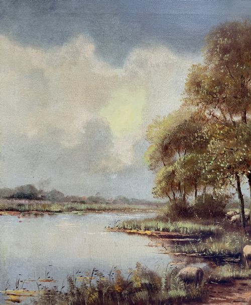 fig 5. A framed oil painting on canvas depicting a rural autumn landscape with sheep grazing along a riverbank near a cottage under a cloudy sky.