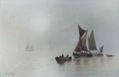 fig 1. An antique oil painting depicting Thames sailing barges and a small rowboat on misty grey water within a gilded wooden frame.